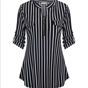 Black and white stripe blouse, zip front, roll sleeve L